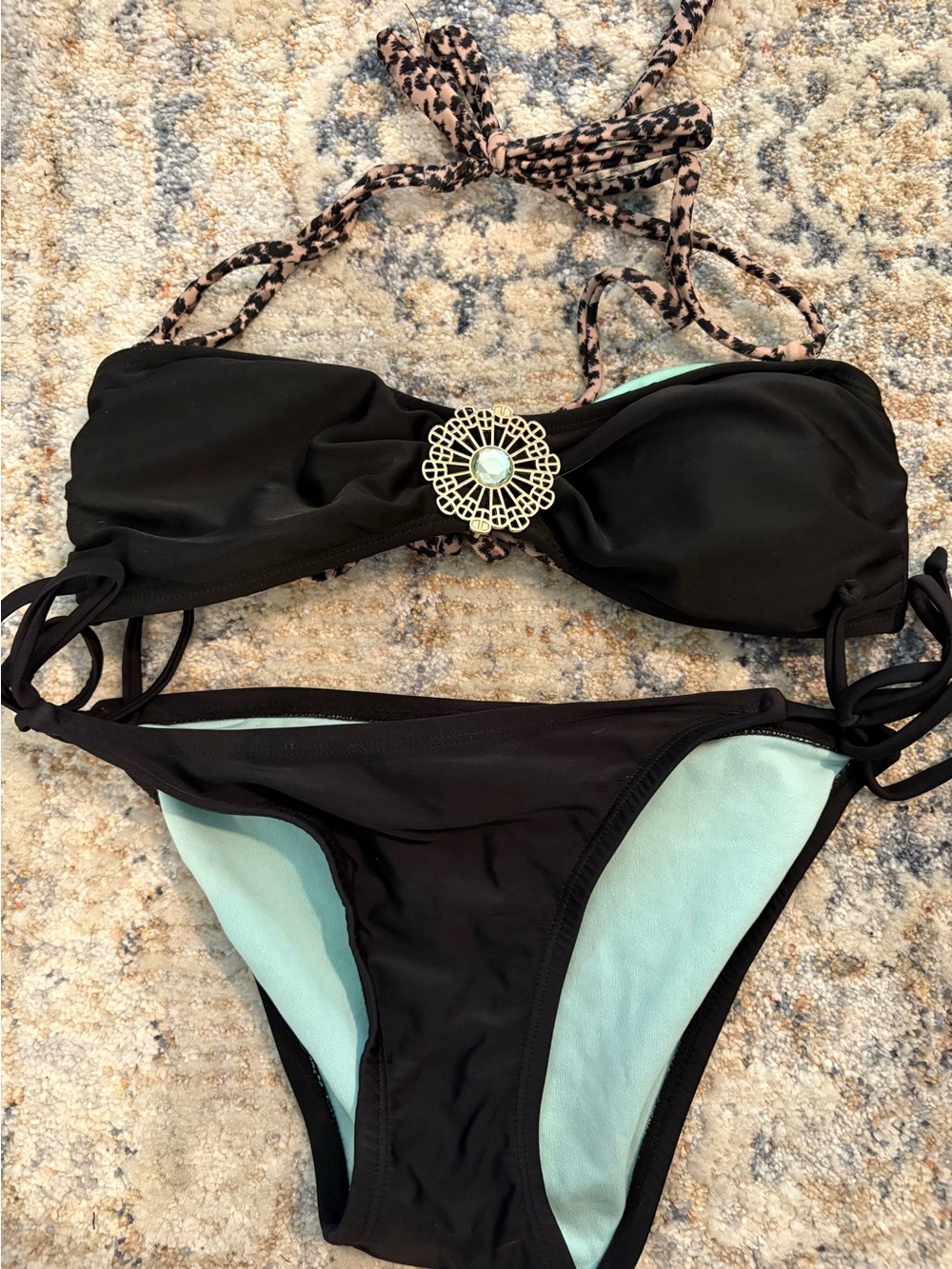 Xhilaration Black and Mint Bandeau Bikini with Decorative Medallion